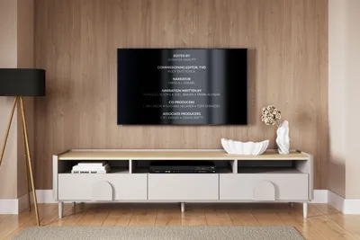 Zdjęcie produktu dla Szafka RTV 200 cm kaszmir z szufladą na nóżkach dąb olejowany Amilio półki
