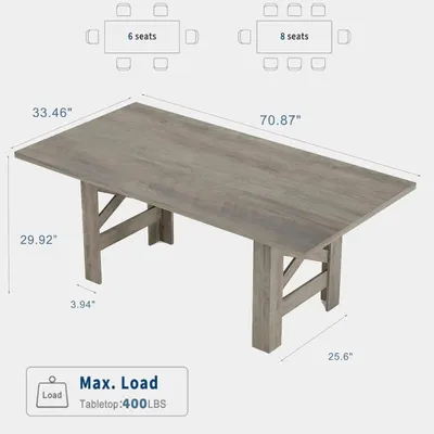 Immagine prodotto di Tavolo grande per famiglia - Tavolo rettangolare da pranzo/cucina - Lunghezza 182 cm - Piano robusto - Struttura in legno - Adatto per 6-8 persone - Grigio