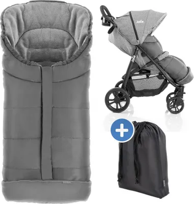 A grey footmuff and a grey Joie stroller are shown, along with a black storage bag.