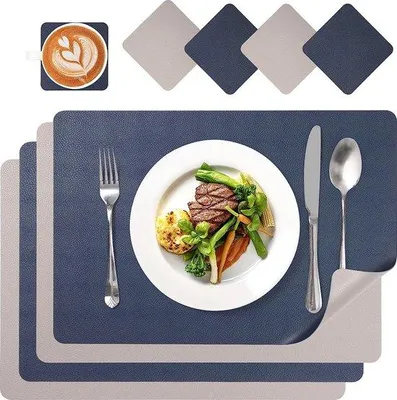 Zdjęcie produktu dla Zestaw 4 podkładki stołowych Unyqoos® wykonanych z sztucznej skóry PU, zmywalnych i odpornych na temperaturę do 80°C. Dwustronne podkładki o wymiarach 43 x 30 cm, z podkładkami pod kubki o wymiarach 10 x 10 cm, w kolorze niebiesko-szarym, prostokątne