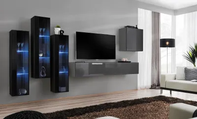 Produktbild von Designer Grau Wohnwand TV Ständer Komplett Hochglanz Sideboard Wand Schrank
