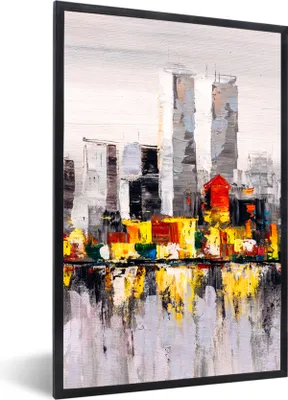 Produktbild von MuchoWow® Gerahmtes Poster Gemälde - Skyline - Farben - Ölfarbe 60x90 cm - Poster mit Schwarzem Bilderrahmen Wandposter Rahmen Foto Bilder - Kunst