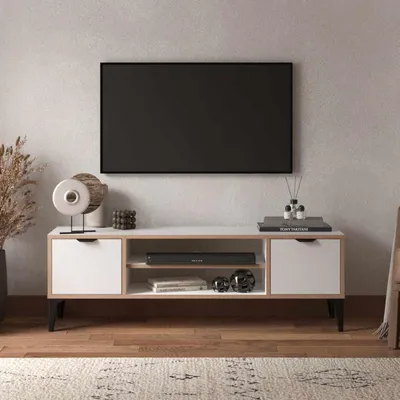 Obrázok produktu pre Skye Decor, kvalitný stojan na televízor, 140 x 46 x 35 cm, 100 % melamínom potiahnutá drevotriesková doska s hrúbkou 18 mm, s plastovými nohami a kovovou rukoväťou, v bielom skandinávskom dizajne.