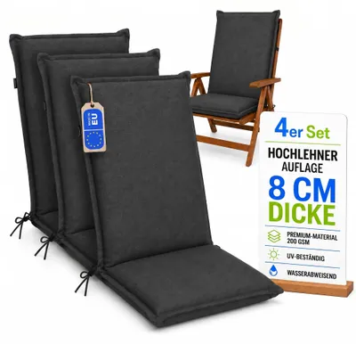 Produktbild von Pillows24 - 4x Hochlehner Auflagen 120x50x8 cm | Bequeme & Wetterfeste Gartenstuhlauflagen | Polster Sitzkissen für Gartenmöbel |  EU | Graphit