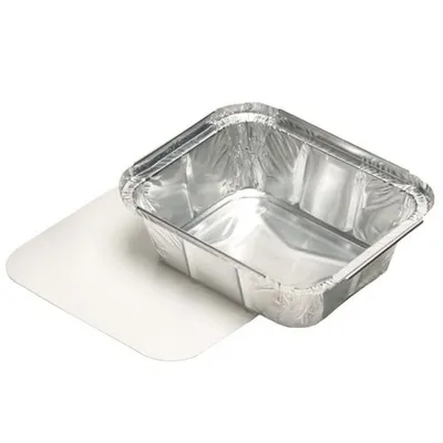 Produktbild von 100 Aluschalen + Einlegedeckel, PE-beschichtet eckig 0,5 l 4,2 x 11,4 x 14 cm Togo Take Away silber Menüschalen
