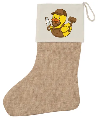 Produktbild von Huuraa Weihnachtsstrumpf Quietscheente Schreinerei Comic Gummiente Beige Jute Kaminstrumpf Geschenkidee