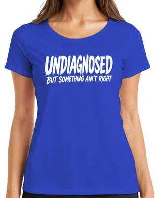 Immagine prodotto di Maglietta da donna, blu, taglia L, con la scritta: "Non diagnosticato, ma qualcosa non va" (stile sarcastico)