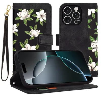 Produktbild von Techsuit FlipCraft Book Wallet Klapphülle mit Kabel für Apple iPhone 16 Pro - Flowers of the Dawn