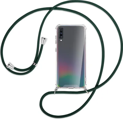 Produktbild von Handykette Backcover-Schutzhülle mit Band (Metall silberfarben) für Samsung Galaxy A70 - dunkelgrün