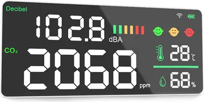 Produktbild von An der Wand montiertes digitales Dezibelmessgeraet, Kohlendioxidmessgeraet, Temperatur- und Luftfeuchtigkeitstester, 4-in-1-Haushalts-Multifunktions-Umgebungsluftqualitaetsdetektor