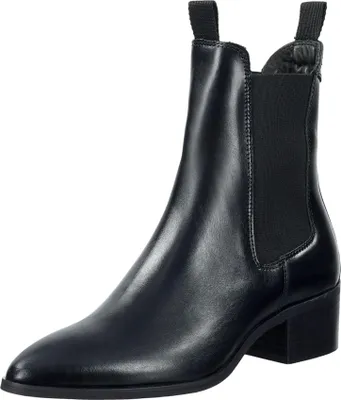 A black leather chelsea boot with a block heel, shown from the side against a white background.