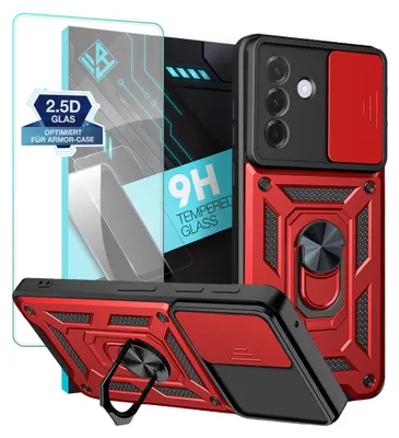 Produktbild von Armor Handyhülle für Samsung Galaxy A27 5G mit 9H Displayglas Displayschutz Kameraschutz Handy Panzer Case Cover Schutzhülle Outdoor Farbe: Rot
