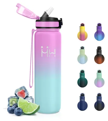 Produktbild von Isolierflasche 1L mit Strohhalm, kohlensäuregeeignet, Edelstahl, auslaufsicher, Einhandöffnung, BPA-frei, hellgrün/hellblau