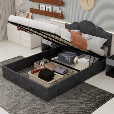 Obrázek produktu pro okwish Manželská postel 160x200, Dětská postel s vysokým rámem a úložným prostorem, rám s úložným prostorem a čelem, Juniorská úložná postel s roštovým rámem, Šedá (bez matrace)