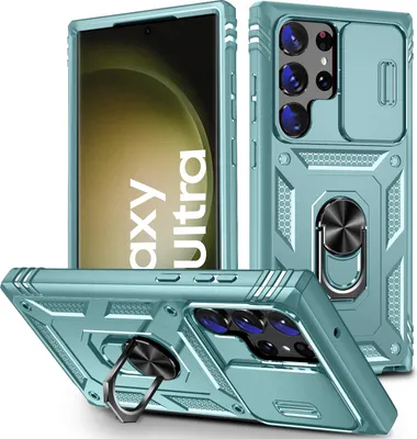 Produktbild von Galaxy S23 Ultra Hülle, Schiebe Kamera Schutz Robust Rüstung Schutzhülle mit Ringhalterung Ständer Kartenhalter für Samsung Galaxy S23 Ultra Grün