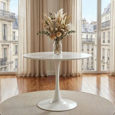 Produktbild von Esstisch LOIRE, rund 100 cm, Weiß - Esszimmertisch mit Tulpenfuß, runder Küchentisch aus lackiertem MDF, ideal für kleine Essbereiche, modernes Design, pflegeleicht und robust