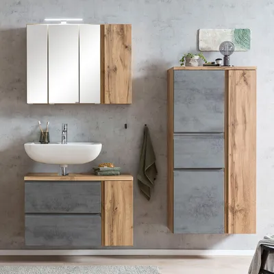 Produktbild von Badmöbel Set mit LED Aufsatzleuchte, Wotan Eiche Nb. mit Beton Optik, VASTO-03-CONCRETE, B/H/T ca. 165/200/35 cm