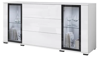 Obrázek produktu pro Komoda 150 cm s prosklenou vitrínou, zásuvkami a policemi, bílá matná/lesklá