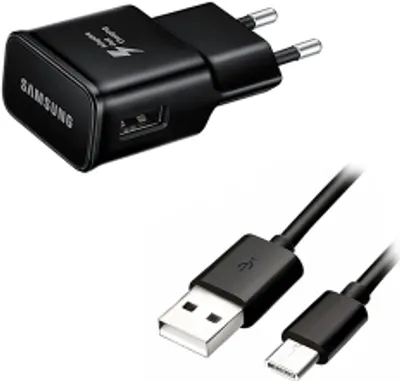 A black Samsung fast charging wall adapter and a black USB-C cable are shown against a white background.
