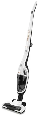 A white and black cordless stick vacuum cleaner is shown against a white background.
