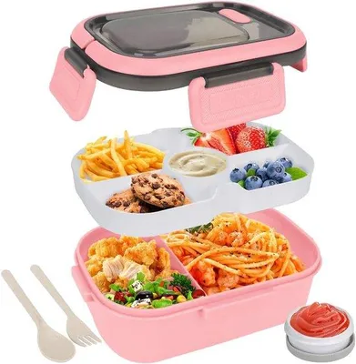 Productafbeelding van Lunchboxen - Lunchbox - Lunchbox voor volwassenen - Lunchbox voor kinderen - Lunchbox met compartimenten en bestek - Luchtdicht - 1200 ml - Geschikt voor de magnetron - Ideaal voor salades - Voor kinderen en volwassenen - Picknickroze