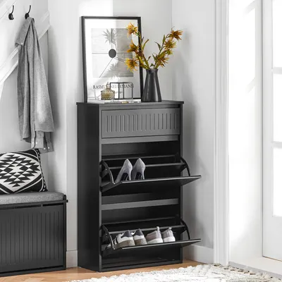 A shoe cabinet with two flip-down drawers, a drawer on top, and a bench with storage next to it, in a hallway setting.