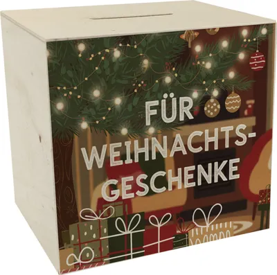 Produktbild von Festlich geschmückter Baum Spardose aus Holz - Für Weihnachtsgeschenke