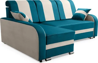 Produktbild von Robin BARI Ecksofa mit Schlaffunktion, Sofa mit Schlaffunktion, Schlafsofa mit Bettkasten und Kissen, Freistehende Eckcouch in L-Form (Türkis Beige)