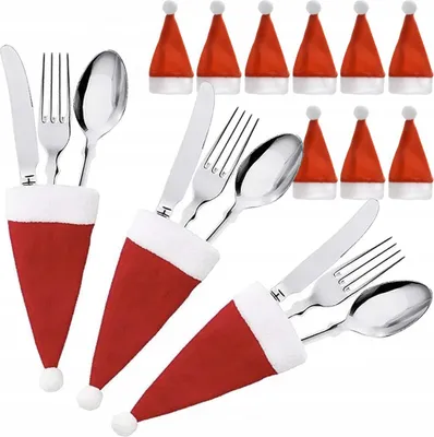 Produktbild von Dekorative Besteckhülle Weihnachtsmützen Etui OZDA Rot 12 Stück.