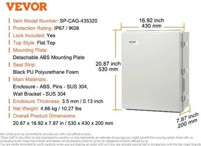Obrázok produktu pre Elektrická rozvodná skriňa, vodotesná, IP67, odolná proti nárazu, 530 x 430 x 200 mm