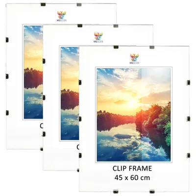 Produktbild von MG Design Cliprahmen Set 3 Stück in 45 x 60 cm - Rahmenlose Bilderrahmen mit Acrylglas & HDF-Rückwand für Fotos, Poster & Puzzle, vertikal & horizontal
