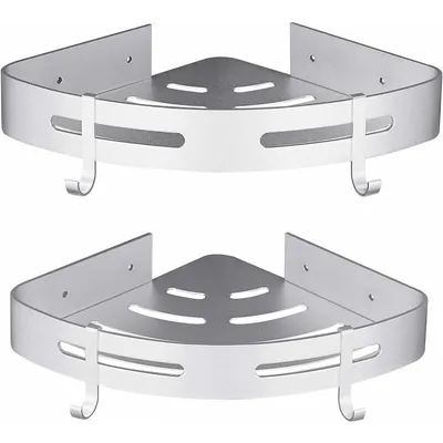 Produktbild von Eck-Duschablage Ohne Bohren Badezimmer Aufbewahrung Dusche Badezimmer Zubehör Duschhalter Kein Rost Aluminium 2er Set Silber mit Haken
