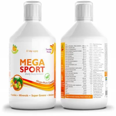 Immagine prodotto di Swedish Nutra® Mega Sport - formula liquida energetica per persone attive - vitamine, minerali, superverdure - per lo sport - al gusto di arancia