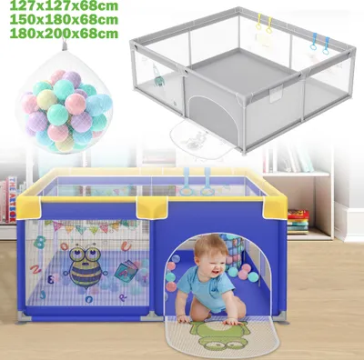 Image de XINZI Baby Barrière de sécurité parc 180x200 cm Barrière de sécurité parc à balles Baby Playpen centre d'activités, bleu avec motifs d'animaux
