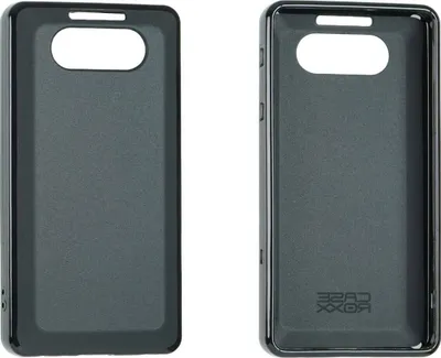 Two dark grey phone cases are shown side-by-side against a white background. The case on the left is shown from the back, and the case on the right is shown from the inside.
