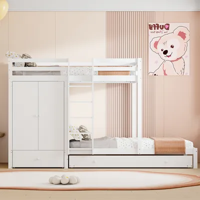 Produktbild von Hausbett mit Ausziehbett Kleiderschrank Schubladen und Ablagefach Etagenbett Kinderbett aus Massivholz 90*200cm Weiß