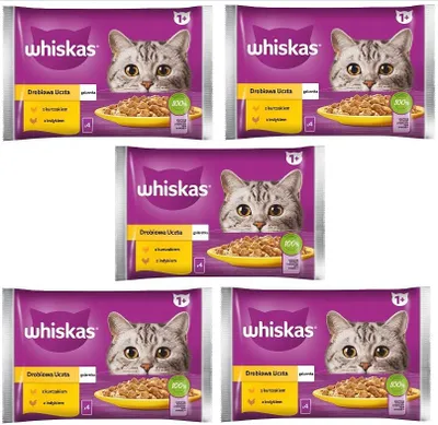 A collage of five Whiskas cat food pouches.