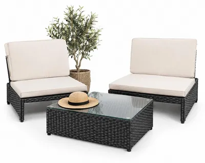 Produktbild von Polyrattan Lounge Set 2 Sessel & Tisch Schwarz wetterfest Gartengarnitur