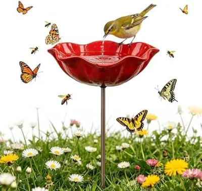 Produktbild von Vogeltränke Winterfest, Gartenstecker aus Metall, Vogeltränke Blume Bienentränke, Vogelfutterhaus Gartenfiguren & Gartenstatuen Gartendeko für Draußen (Rot)