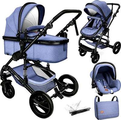 A collage of a blue and black stroller system with various components shown separately.