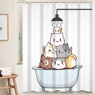 Productafbeelding van Douchegordijn met cartoonkat, waterdicht, 152 x 183 cm, voor de badkamer