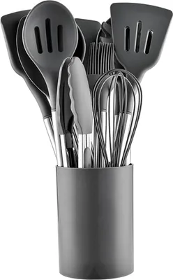 Produktbild von MODFU Kochbesteck-Sets Küchenset 12-teilig, Silikon Kochbesteck Set, Silikon Küchenbesteck mit Edelstahl, Küchenutensilien Set hitzefest, Grau