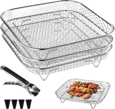 Image de Support en acier inoxydable pour friteuse à air, 3 niveaux, dimensions 21x21x9,2 cm, compatible avec les fours et les barbecues