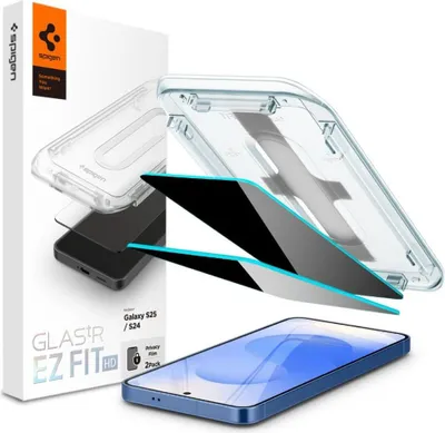 A product shot showing a phone screen protector and its installation tool, with packaging in the background.