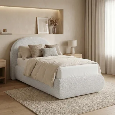Produktbild von BEAUTYSOFA | Polsterbett MOTTI 90x200 cm - Einzelbett mit Bettkasten & Matratze MEDIRO FORM H2 und gepolstertem Kopfteil - Bouclé Hellgrau