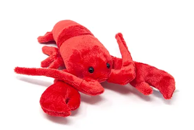 A red plush lobster toy is shown against a white background.