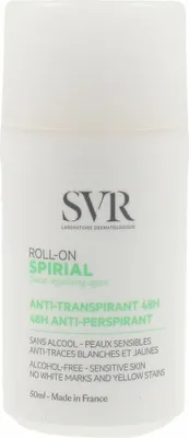 A white roll-on deodorant bottle with product information printed on it.