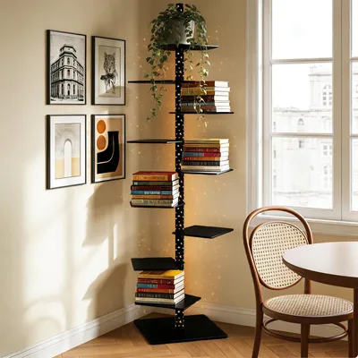 Produktbild von 1.8m 9-Stöckiges Schwebendes Bücherregal mit LED-Sternenlicht & Drehbaren Regalen Bücherturm Freistehend Bookshelf Standregal für Ecken/Enge Räume