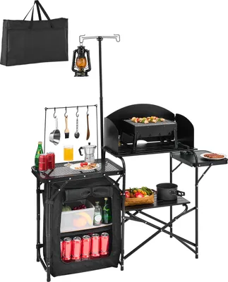 Produktbild von VEVOR Camping Küchentisch Outdoor Kochtisch, tragbare Kochstation aus Aluminium mit Lagerschrank & Tragetasche, & abnehmbarer Windschutzscheibe, für Grillpartys Picknicks Wohnmobilreisen, schwarz
