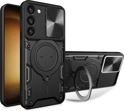 Immagine prodotto di Custodia per Samsung Galaxy S23 custodia resistente a doppio strato con copertura della fotocamera e supporto ad anello nero